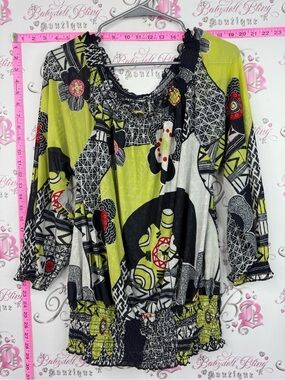 Boho Smocked Lime Green & Black Patterned Tunic